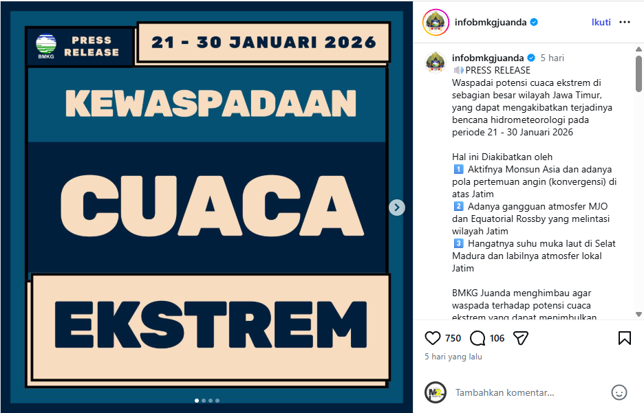 Waspada Cuaca Ekstrem di 18 Provinsi hingga Akhir Januari